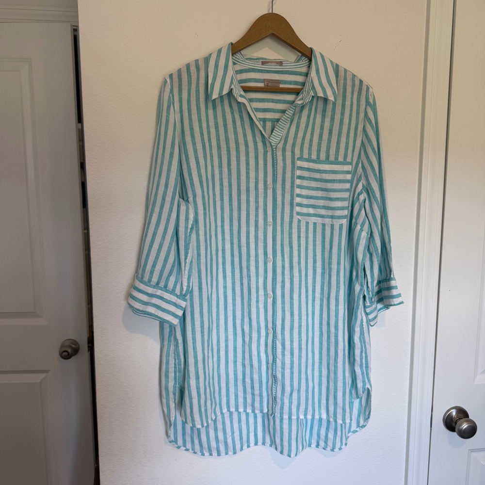 Chicos No Iron Linen Shirt sz Chicos 3 16/18 White Green Stripe 3/4 Sleeve Beach